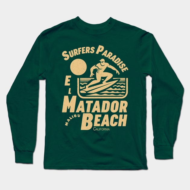 El Matador Beach Malibu Surfer Silhouette Vintage Long Sleeve T-Shirt by Alexander Luminova